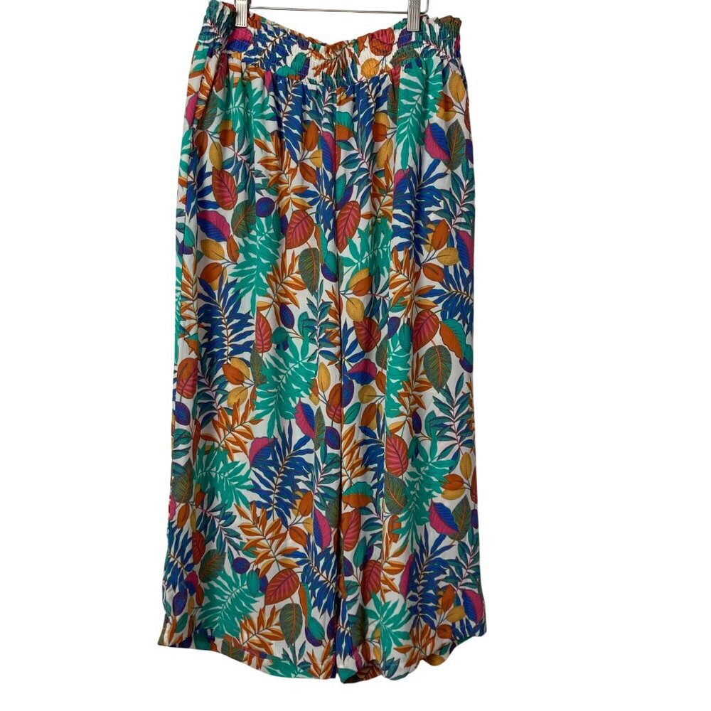 Rose + Olive Womens Wide Leg Cropped Pants 1X Multicolor Floral Leaf Print